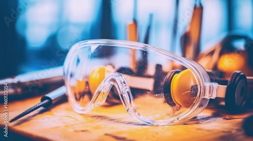 Close-up view of safety glasses on a work surface.