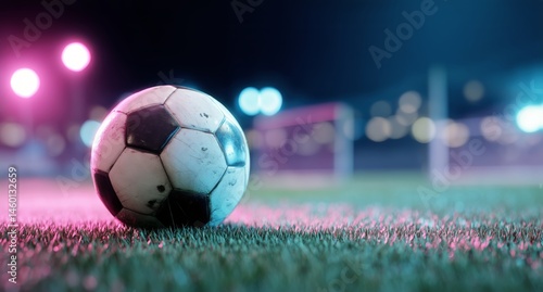 Soccer Ball on Grass With Colorful City Lights in the Background at Night