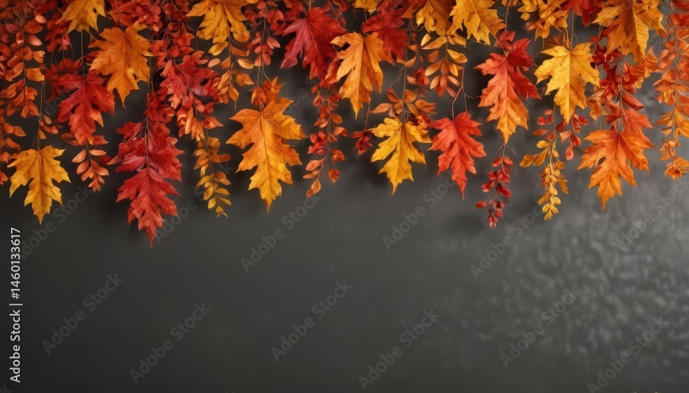 Many bright autumn leaves strung up as garland, vibrant, string, many Many bright autumn leaves strung up as garland, vibrant, string, many