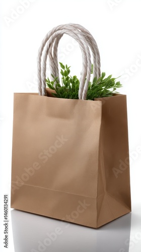 Brown paper shopping bag filled with green foliage against a bright white background