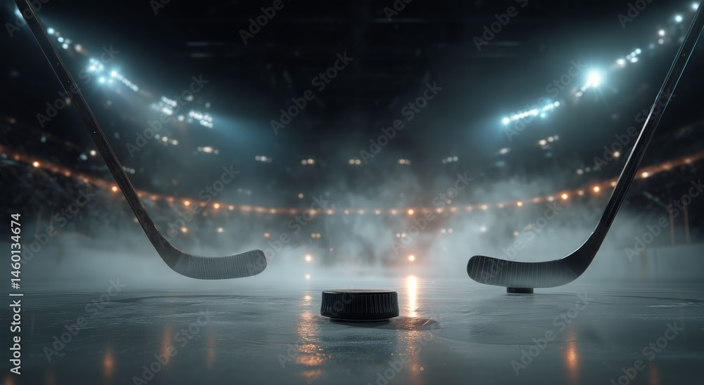 Exciting Hockey Match With Sticks and Puck on Ice Rink During Nighttime