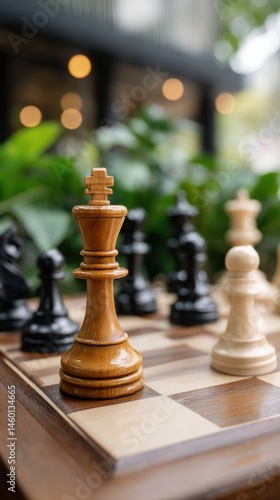 Chessboard with Wooden Pieces for Strategic Thinking and Outdoor Game