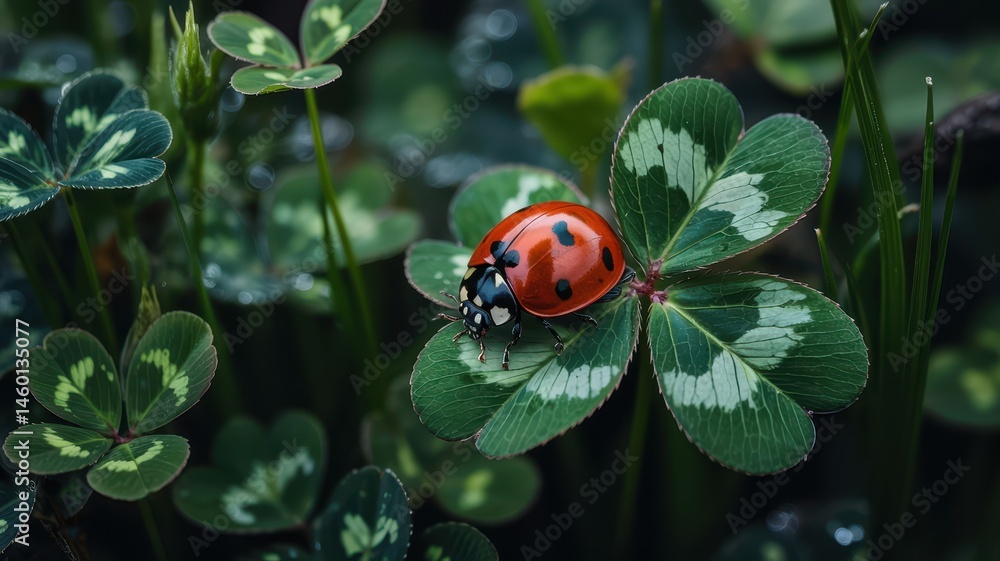 Obraz premium Ladybug on vibrant green four-leaf clover in natural macro close-up scene