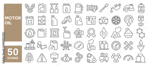 Set of 50 line icons related to motor oil, machine oil, filter, gallon, jerrycan, diesel, engine, tank, piston, lubricant, Editable stroke. Vector illustration