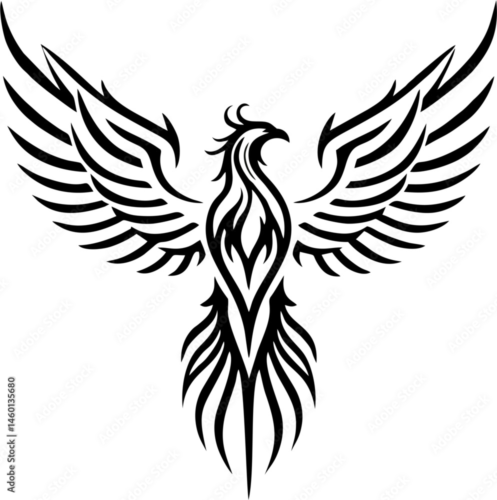 Fototapeta premium Flying Phoenix Tattoo with Narrow Wing Spread and Simplified Head