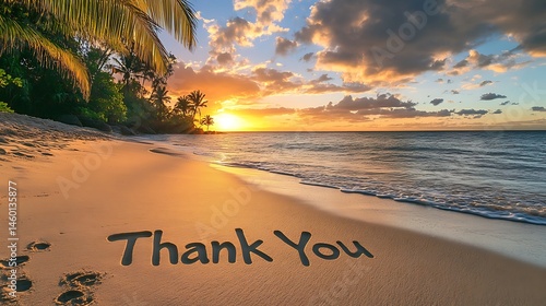 Sunset beach scene with thank you message in sand.