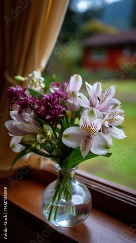 Floral bouquet in a glass vase on a wooden windowsill bright flowers and green leaves soft daylight serene and peaceful view nature indoors