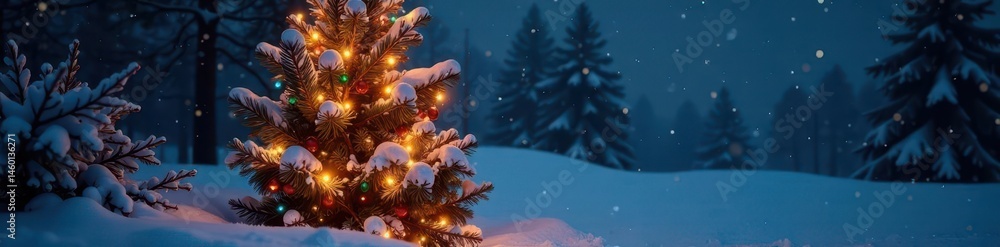 Snow-covered evergreen tree glows in darkness, glowing, Christmas tree Snow-covered evergreen tree glows in darkness, glowing, Christmas tree