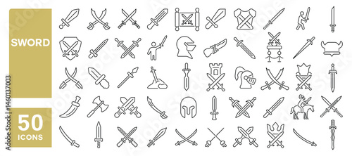 Set of 50 line icons related to sword, warrior sword, blade, sharp, metal, antique, knight, armour, dagger, broadsword, Editable stroke. Vector illustration