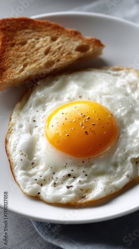 Fried egg with toast on a white plate Delicious breakfast meal close up Sunny side up egg and grilled bread simple cooking pepper spices