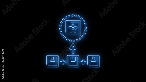 Neon icon animation of data aggregation and favoriting on dark background depicting a digital process with blocks connecting to a central star