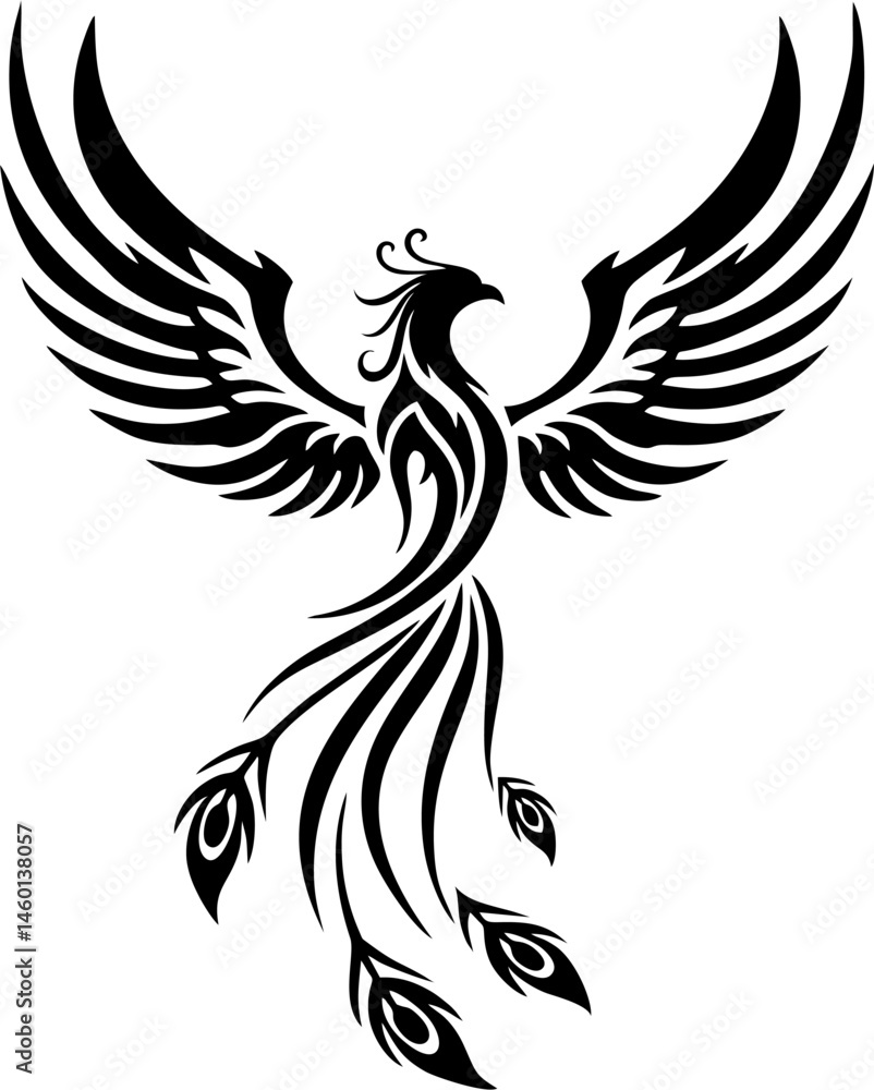 Ascending Phoenix Tattoo with Flowing Tail Lines and Simple Shape Ascending Phoenix Tattoo with Flowing Tail Lines and Simple Shape