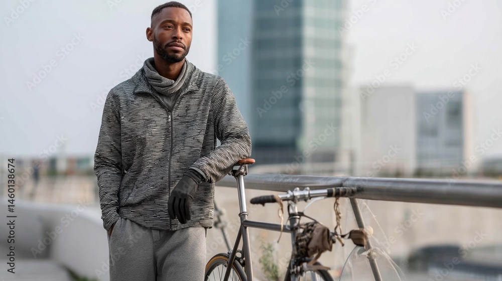 A cyclist in trendy athleisure featuring breathable mesh fabrics paired with tapered joggers and cycling gloves poses with a fixedgear bike against a backdrop of a modern cityscape.