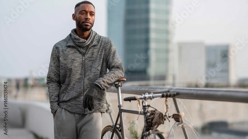 Obraz na płótnie A cyclist in trendy athleisure featuring breathable mesh fabrics paired with tapered joggers and cycling gloves poses with a fixedgear bike against a backdrop of a modern cityscape. w salonie