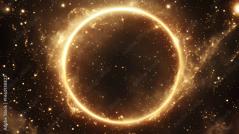 Fototapeta premium A mesmerizing cosmic scene featuring a glowing circular frame filled with sparkling stars against a dark background. [Solar Echoes] | Celestial Resonance | cosmic harmony. Illustration