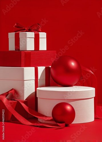 Festive Red and White Gift Boxes With Ornaments for Holiday Celebrations