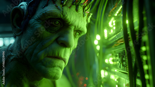 Cyberpunk Frankenstein Creature Debugging Futuristic Technology