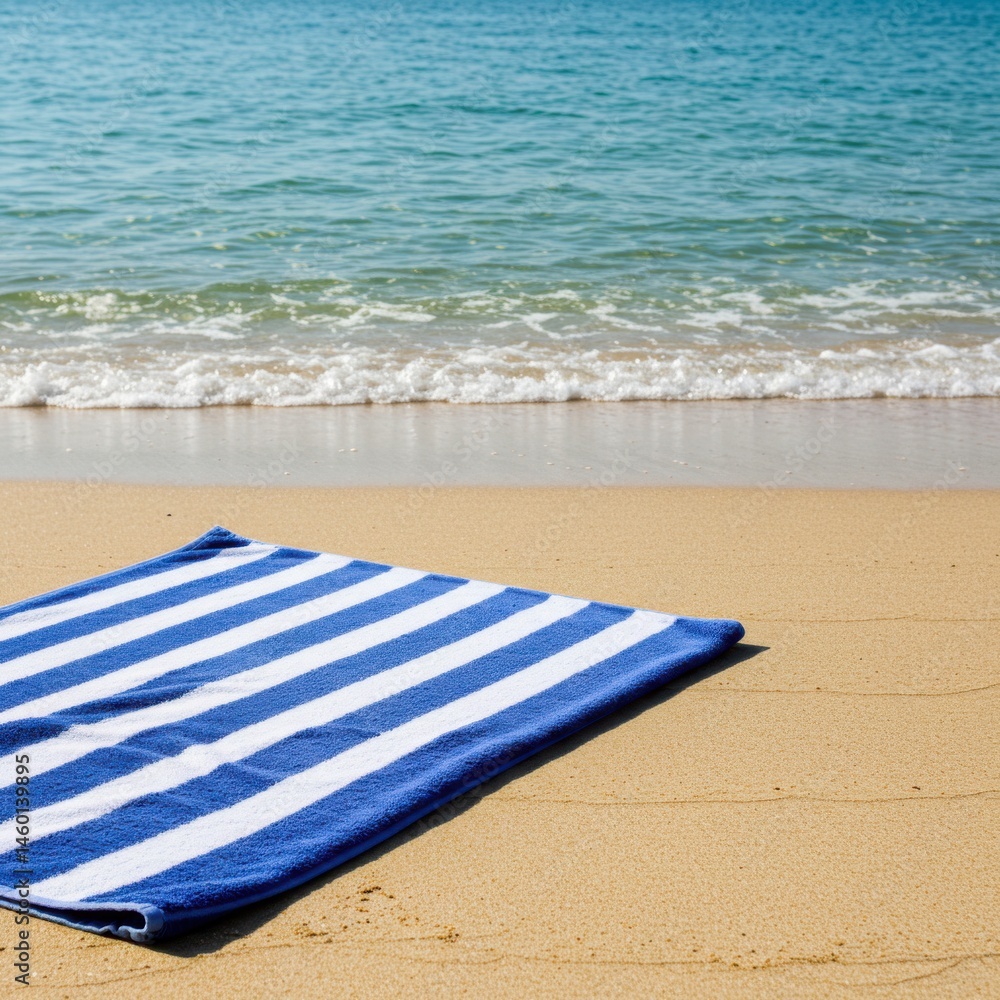 A blue and white striped towel lying on the sand near the ocean on a bright sunny day at the beach A blue and white striped towel lying on the sand near the ocean on a bright sunny day at the beach