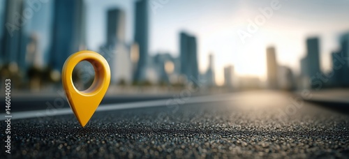 Yellow Location Marker on Urban Road With Buildings and Sunset in Background