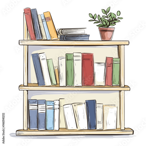 2D flat Bookshelf vector illustration, isolated on a white background.