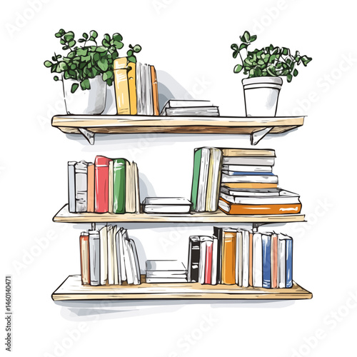 2D flat vector illustration of Bookshelf, isolated on a white background.