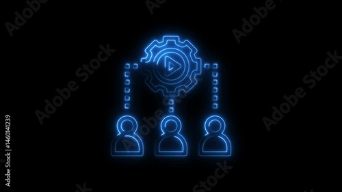 Business workflow automation with a neon style concept on a black background for teamwork and productivity