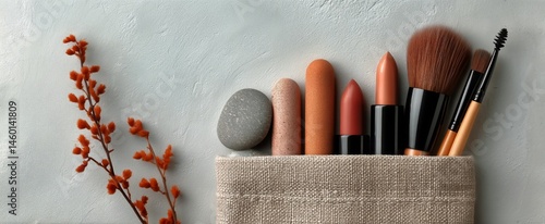Vibrant Collection of Lipsticks and Makeup Tools Arranged on a Neutral Backgr...