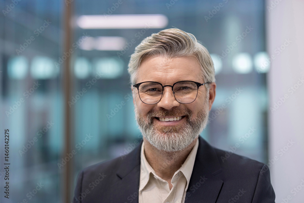 Smiling, handsome, mature businessman in glasses, confident and ready for business in the office.
