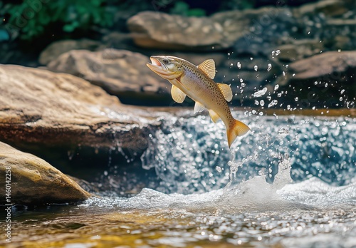 Brown Trout Jumping out of Clear Water Near Rocky Riverbank During Daytime