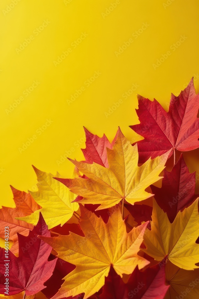 Fototapeta premium Pile of vibrant autumn leaves on sunny yellow backdrop, texture, woodland