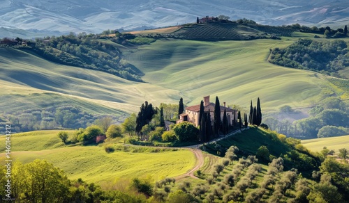 Rolling Green Hills With a Villa Nestled in the Tuscan Countryside During the...