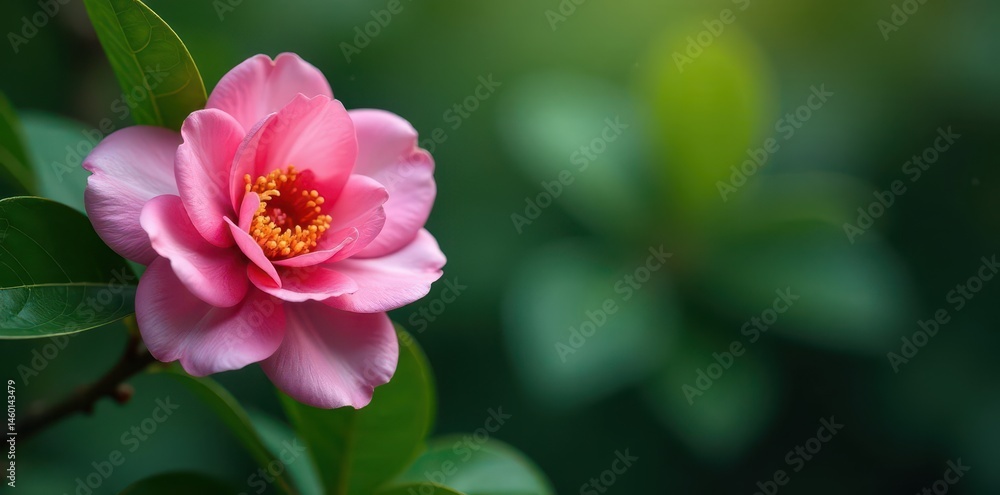 Single pink camellia blossom, rich green background , nature, macro Single pink camellia blossom, rich green background , nature, macro