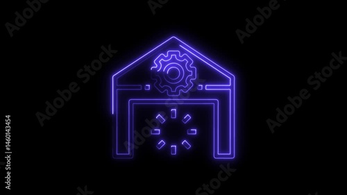 Futuristic neon warehouse icon with cogwheel animation on black background