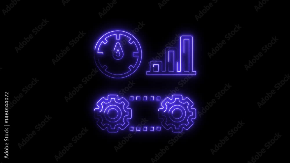 Neon performance metrics and data analysis glow animation business technology concept gears speedometer chart graphic element on black background Neon performance metrics and data analysis glow animation business technology concept gears speedometer chart graphic element on black background