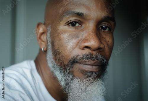 Mature Man With a Salt and Pepper Beard Poses Thoughtfully at Dusk in an Urba...