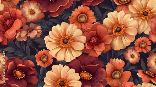 Intricate Botanical Illustration: Vintage Floral Pattern in Warm Autumn Hues