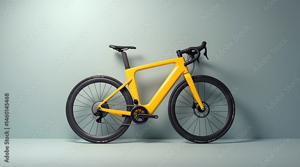 Fototapeta premium Sleek yellow bicycle showcasing modern design against a muted green background.