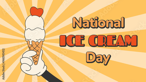 Groovy poster, postcard National Ice Cream Day. Soft vanilla gelato, melted scoop ice cream in waffle cone on striped background. Hand drawn flat Vector illustration EPS10