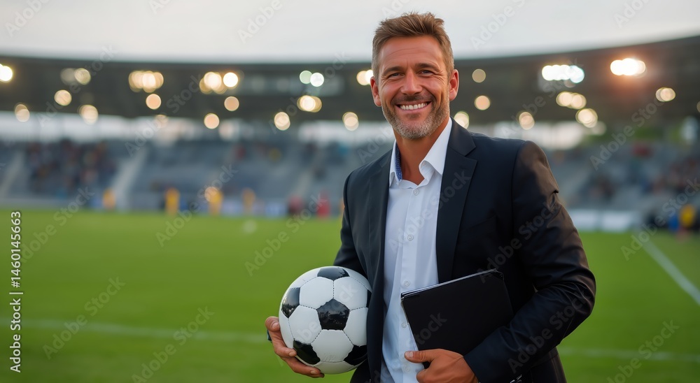 Professional Soccer Coach Smiles Confidently on Field With Soccer Ball in Hand During Training Session