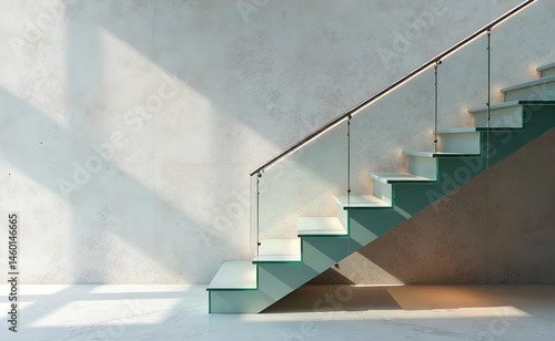A clean and modern glass staircase with a minimalist landing against a backdrop of neutral gray background. A sleek metal railing with a subtle brushed finish descends into the distance  providing dep