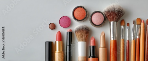 Vibrant Makeup Collection With Lipsticks, Blushes, and Brushes Arranged Creat...