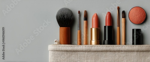 Cosmetic Tools and Products Arranged on a Light Background Showcasing Makeup ...