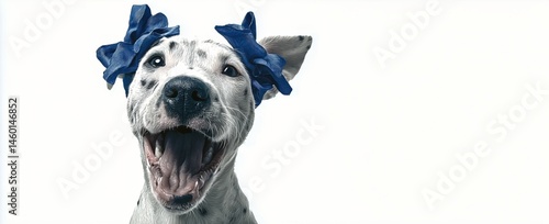 Cute White Dog With Blue Bow Happily Yawning Against a Light Background