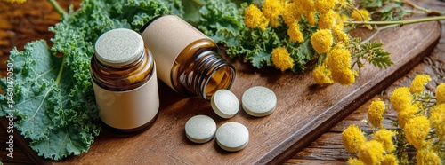 Natural Health Supplements With Herbal Ingredients on Wooden Surface Surround...