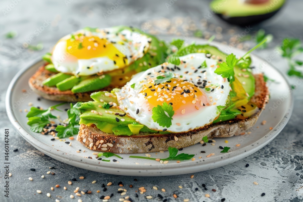 avocado toast with poached egg and sesame seeds avocado toast with poached egg and sesame seeds