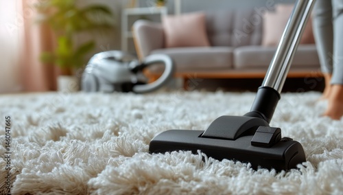 House Cleaning Activity With Vacuum Cleaner on Carpeted Floor in Cozy Living ...