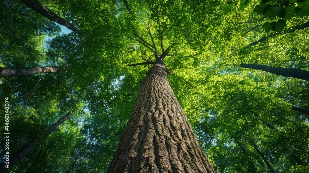 Fototapeta premium Majestic Tall Tree Viewed from Below in Lush Green Forest Canopy