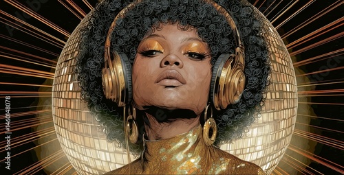 Young Woman With Curly Hair and Headphones Enjoying Music at a Disco-Themed P...