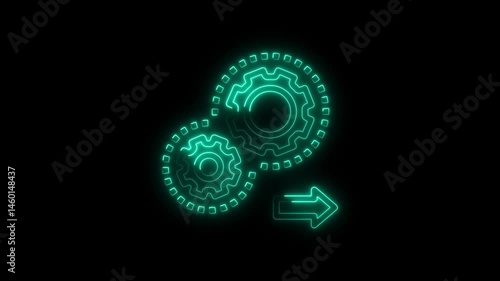 Glowing neon gears rotating with an arrow representing workflow automation