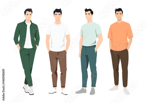 Men s Outfit Collection. A diverse illustration set featuring men in different fashionable outfits, from everyday casual wear to stylish business attire.
